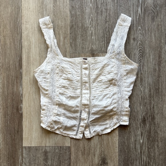 Free People Ivory Boho Cottage Milkmaid Linen Blend Maggie Lace Tank Top Size S - Picture 3 of 8